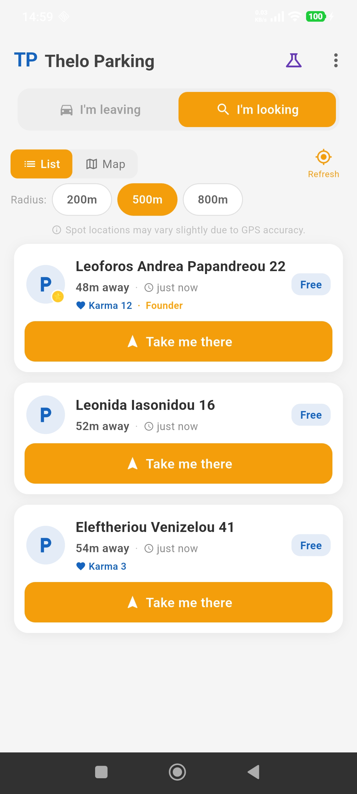 Live parking spots list