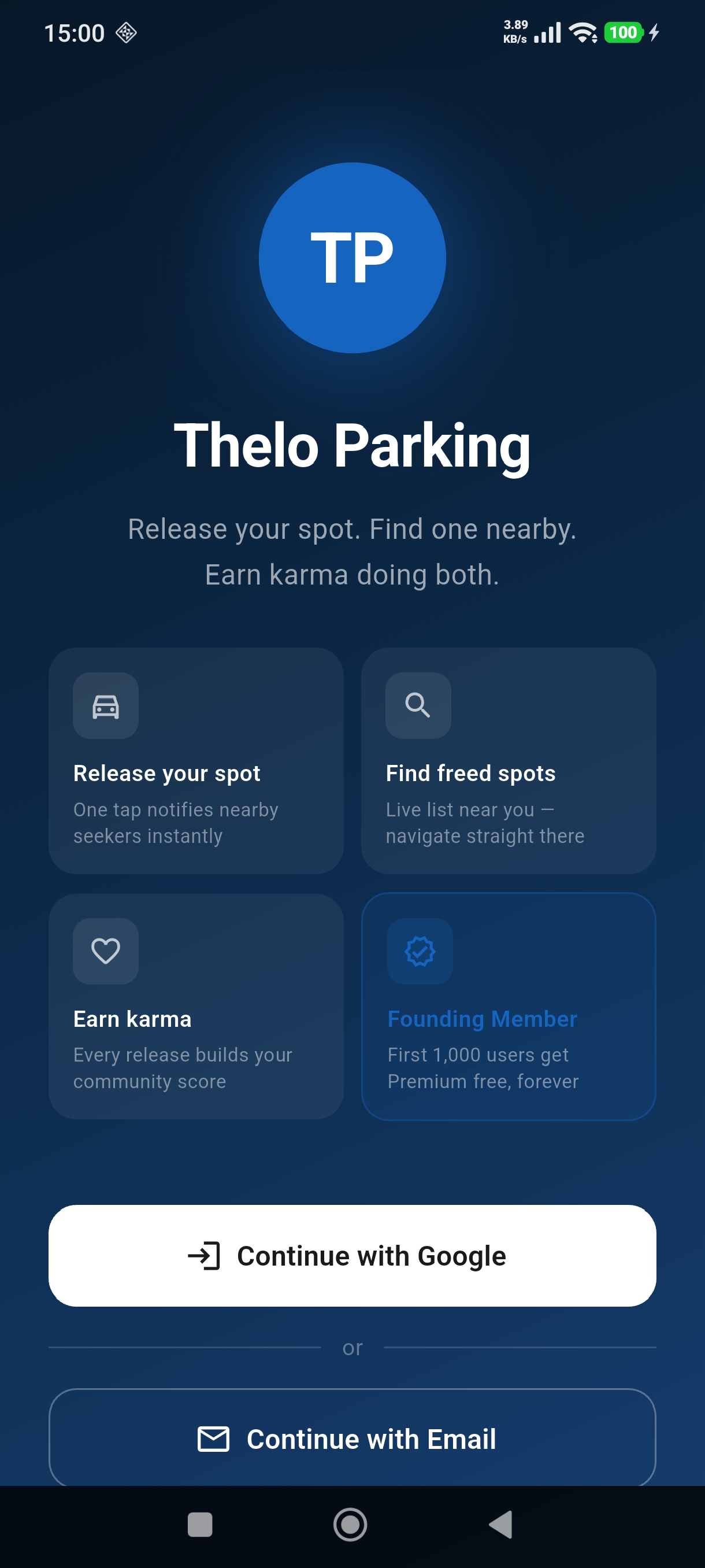 Thelo Parking welcome screen
